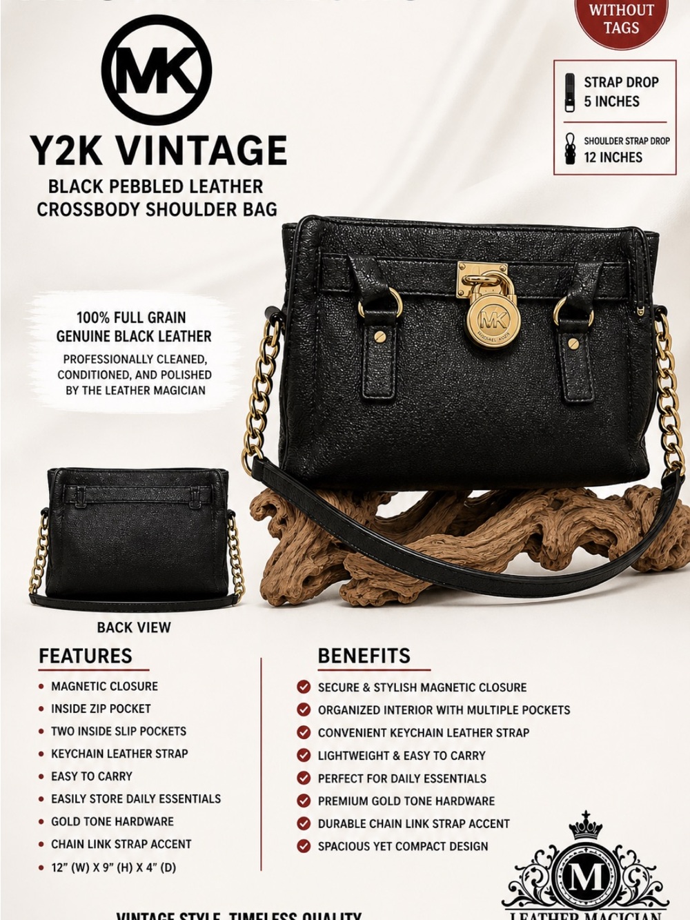 Michael Kors Y2K Vintage Black Pebbled Leather Crossbody Shoulder Bag NWOT